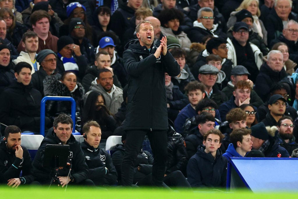 West Ham United manager Graham Potter gestures during the Premier League match between Chelsea FC and West Ham United FC at Stamford Bridge on Febr...