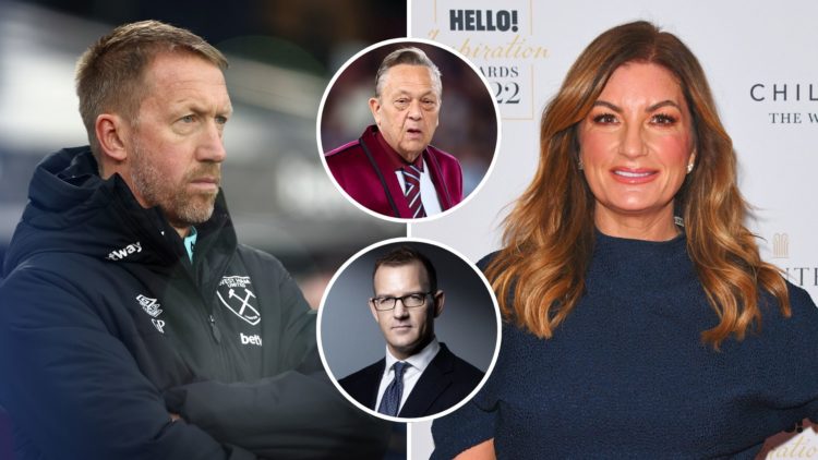 Split image of Dame Karren Brady attending the Hello! Inspiration Awards, and Graham Potter looking on prior to a match. Inset, David Sullivan and ...