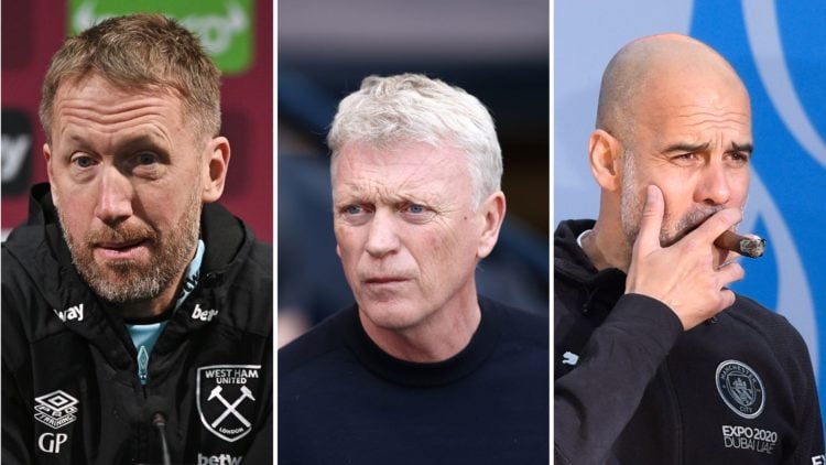 Graham Potter during his West Ham press conference, David Moyes worryingly looks on, Manchester City manager Pep Guardiola celebrates