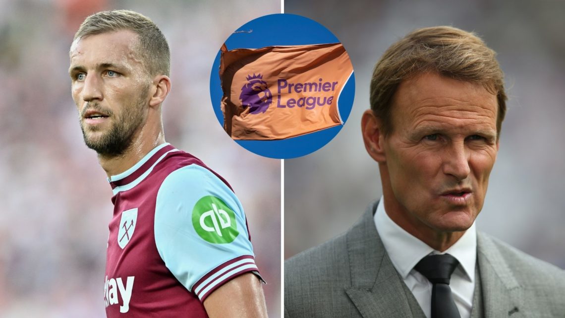 West Ham star Tomas Soucek (L), Tottenham legend Teddy Sheringham and Premier League flag inset