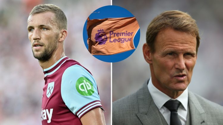 West Ham star Tomas Soucek (L), Tottenham legend Teddy Sheringham and Premier League flag inset