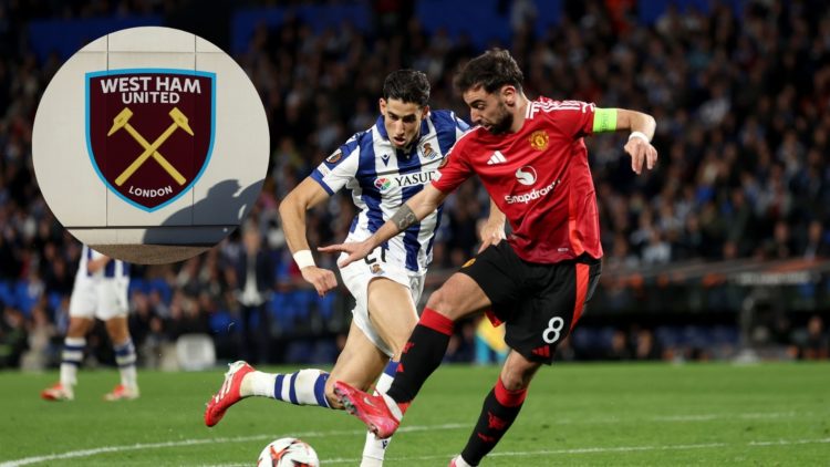 West Ham owned Nayef Aguerd playing on loan with Real Sociedad attempts to tackle Bruno Fernandes during the UEFA Europa League tie, with the Hamme...