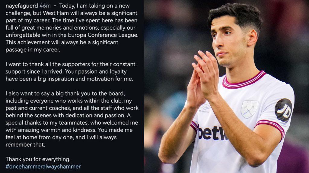 West Ham-owned defender Nayef Aguerd and his farewell post on social media.