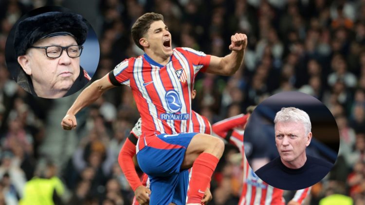 Julian Alvarez celebrates after scoring for Atletico Madrid against Real Madrid in the Champions League as West Ham owner David Sullivan and former...