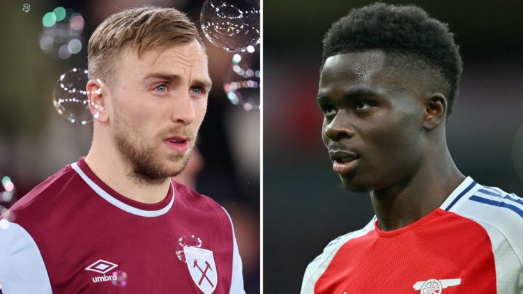 West Ham star Jarrod Bowen. Right, Arsenal ace Bukayo Saka.