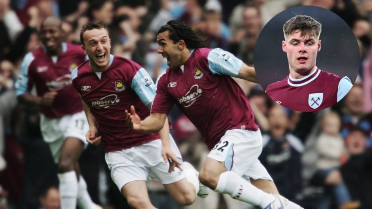 Carlos Tevez celebrates after scoring for West Ham with a disappointed Evan Ferguson, inset