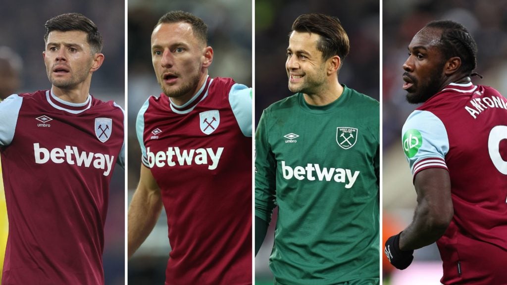 West Ham quartet from left to right, Aaron Cresswell, Vladimir Coufal, Lukasz Fabianski and Michail Antonio.