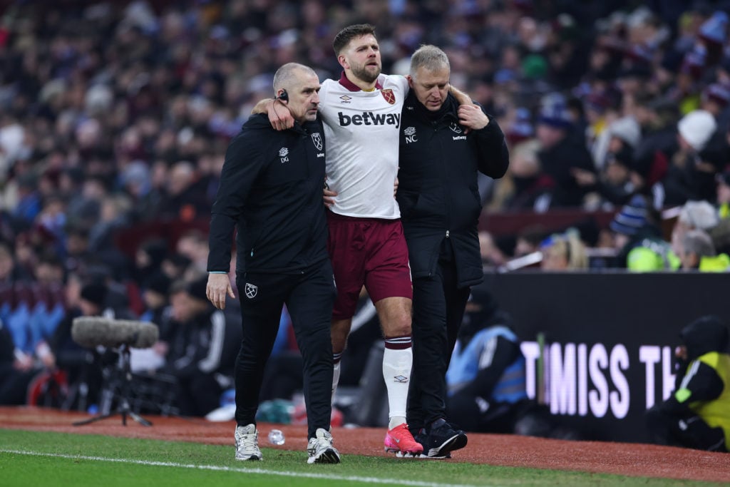 West Ham striker Niclas Fullkrug is helped off the pitch with a serious calf injury which kept him out for months