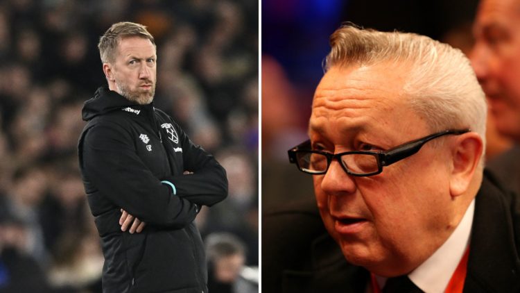 Split image of West Ham United head coach Graham Potter, left, with West Ham United co-owner David Sullivan, right.