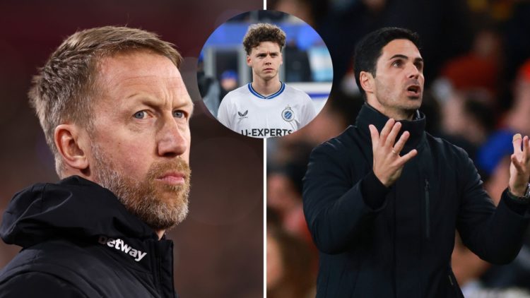 West Ham manager Graham Potter (L), Arsenal boss Mikel Arteta (R), Maxim De Cuyper (inset)