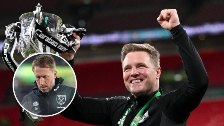 Newcastle boss Eddie Howe celebrates winning the Carabao Cup. Inset, West Ham manager Graham Potter.