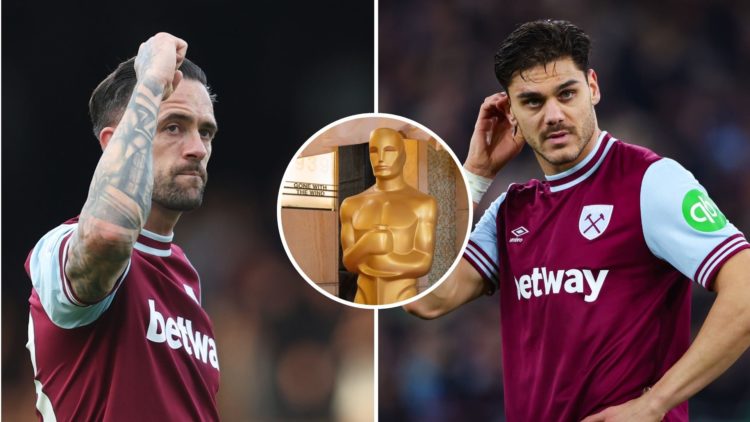 West Ham striker Danny Ings, left. Hammers defender Konstantinos Mavropanos, right. Inset, Oscar trophy.