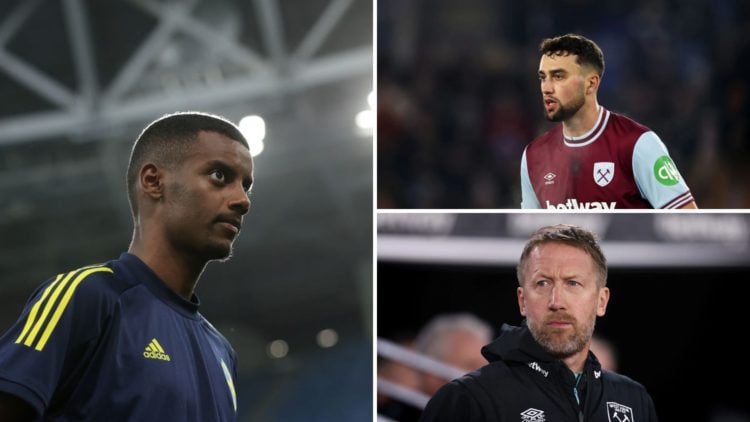 Newcastle United striker Alex Isak left, West Ham United defender Max Kilman top right and Graham Potter bottom right