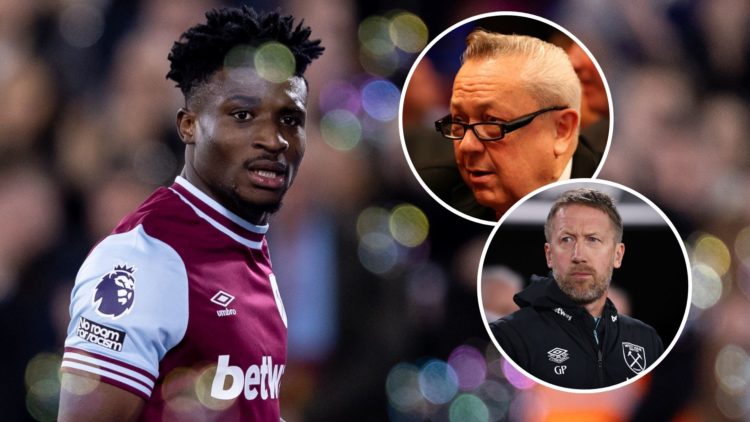 West Ham star Mohammed Kudus. Inset, Hammers majority owner David Sullivan and manager Graham Potter.