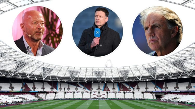 A general view inside West Ham's London Stadium. Inset, pundits Alan Shearer, Chris Sutton and Mark Lawrenson.