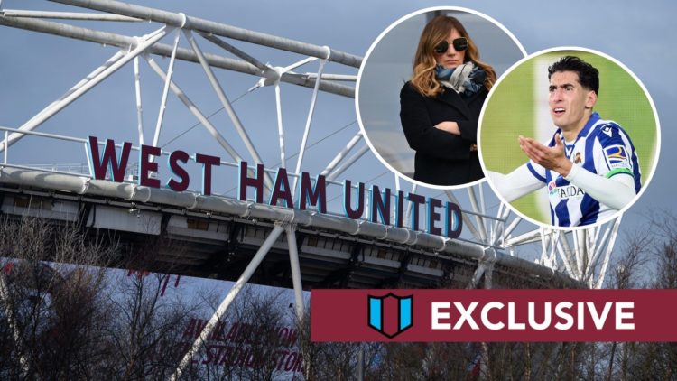 General view of London Stadium. Inset, West Ham vice-chair Karren Brady and Hammers-owned defender Nayef Aguerd.