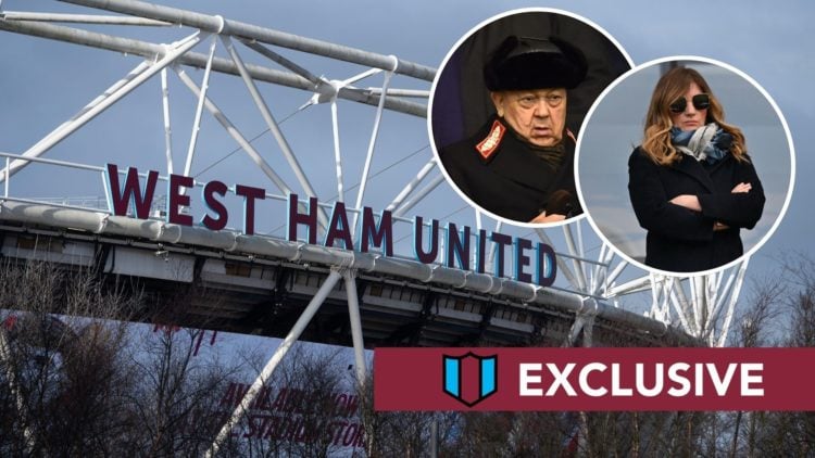 General view of London Stadium. Inset, majority owner David Sullivan and vice-chair Karren Brady.