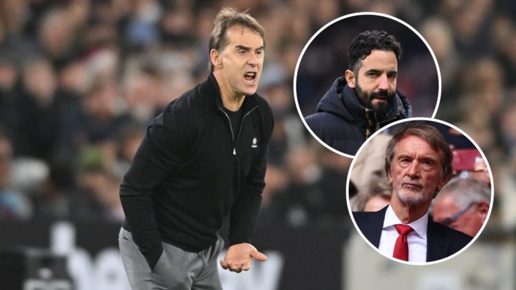 Former West Ham manager Julen Lopetegui. Inset, Man United boss Ruben Amorim and co-owner Sir Jim Ratcliffe.