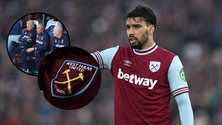 West Ham United player Lucas Paqueta, main image. Inset top left, David Moyes, Paul Nevin and Mark Warburton. Inset bottom left, West Ham corner flag.