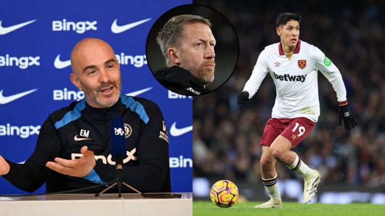 Chelsea manager Enzo Maresca, left, West Ham United midfielder Edson Alvarez, right, and West Ham United head coach Graham Potter, inset.