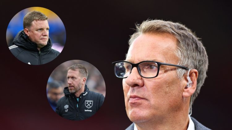 Paul Merson main image, with Newcastle manager Eddie Howe and West Ham head coach Graham Potter insets