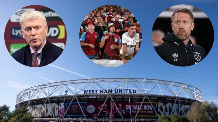West Ham fans watching their team in between insets of former West Ham manager David Moyes and current Hammers head coach Graham Potter