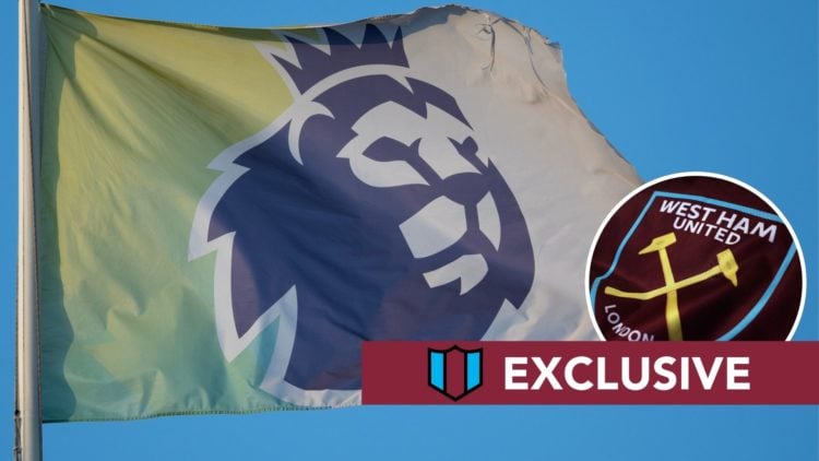Premier League flag flying high. Inset, the West Ham badge.