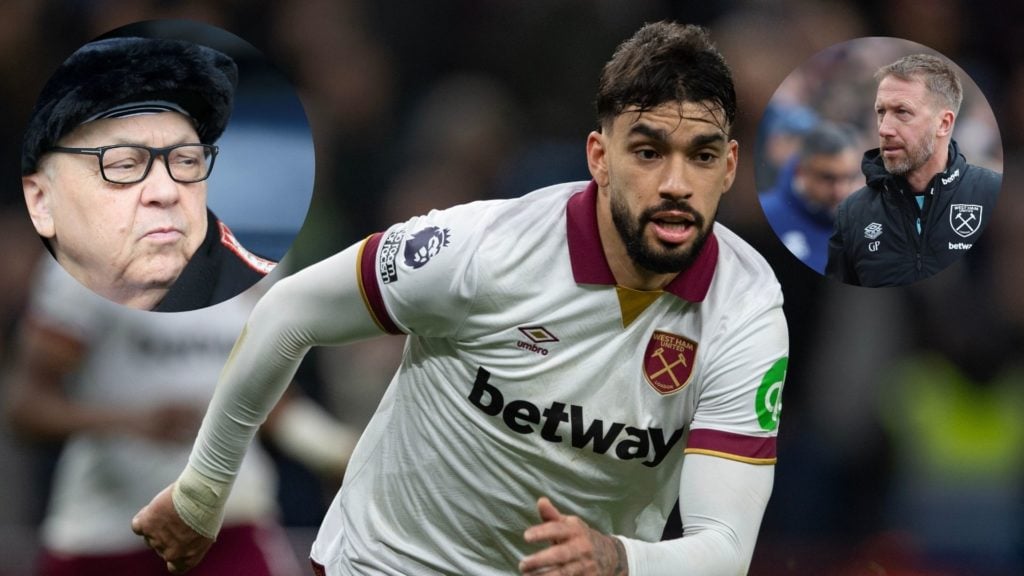 West Ham United midfielder Lucas Paqueta in action against Aston Villa, with West Ham co-owner David Sullivan and Hammers head coach Graham Potter insets