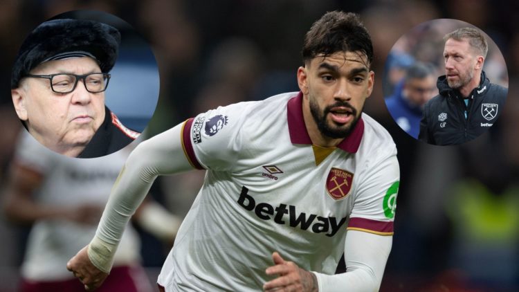 West Ham United midfielder Lucas Paqueta in action against Aston Villa, with West Ham co-owner David Sullivan and Hammers head coach Graham Potter ...