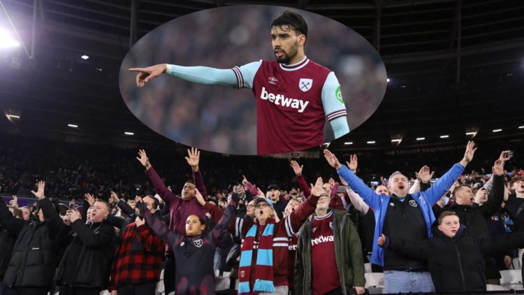 West Ham United midfielder Lucas Paqueta inset. Main image, West Ham United fans singing