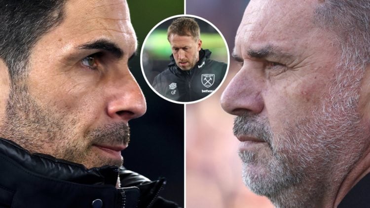 Arsenal boss Mikel Arteta faces off against Spurs manager Ange Postecoglou. Inset, West Ham manager Graham Potter.