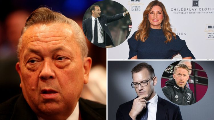 West Ham United co-owners David Sullivan, left, Daniel Kretinsky botto right, Karren Braddy upper right. Insets, West Ham head coach Graham Potter ...