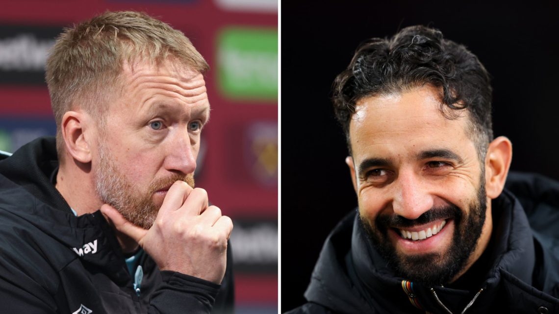 Split image of West Ham United head coach Graham Potter deep in thought (L) and Manchester United manager Ruben Amorim smiling (R)