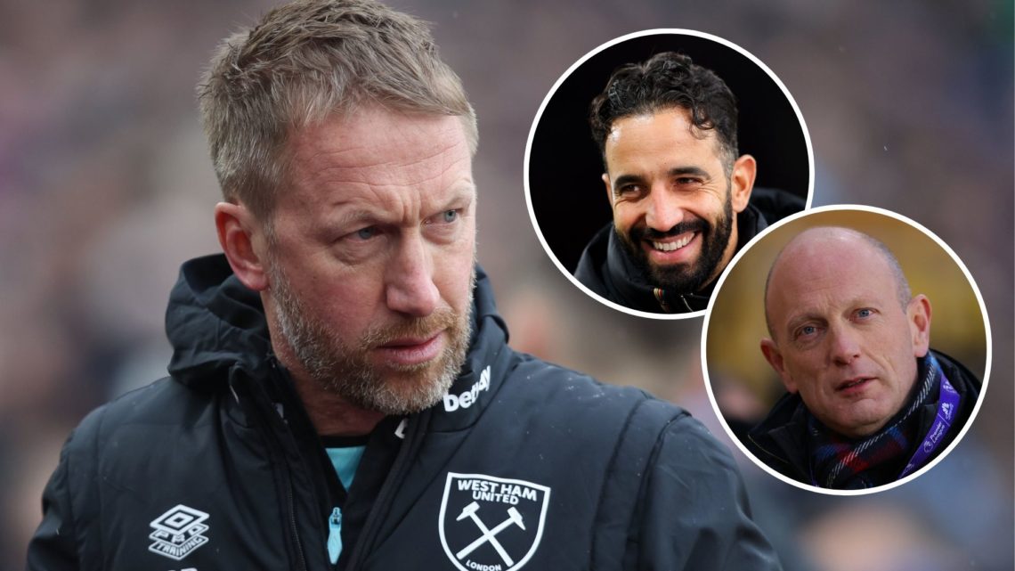 West Ham boss Graham Potter looks incredulous. Inset, Man United manager Ruben Amorim and Sky Sports commentator Peter Drury.