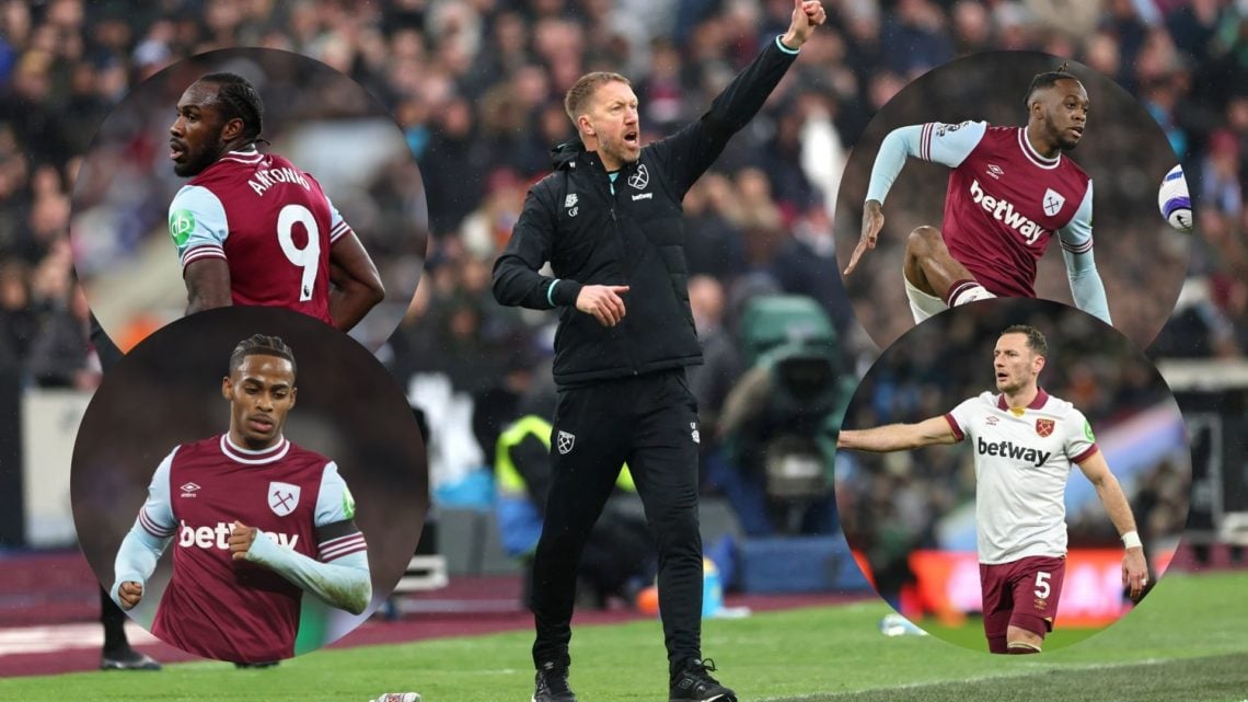 West Ham United head coach Graham Potter shouting instructions, main image. West Ham striker Michail Antonio, inset top left. West Ham winger Cryse...
