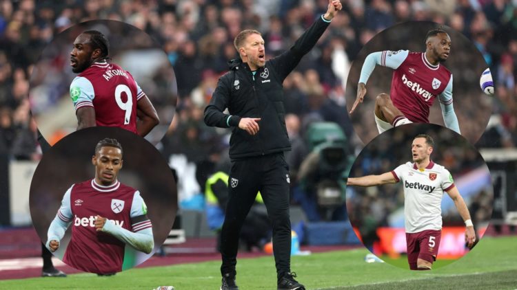 West Ham United head coach Graham Potter shouting instructions, main image. West Ham striker Michail Antonio, inset top left. West Ham winger Cryse...