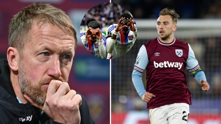 West Ham United head coach, left, and West Ham club captain Jarrod Bowen, right. Lyon striker Georges Mikautadze celebrates, inset.
