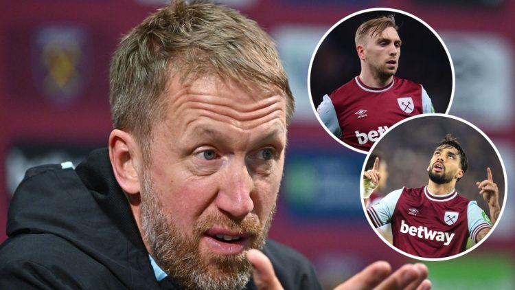 West Ham manager Graham Potter speaks to the press. Inset, Hammers stars Jarrod Bowen and Lucas Paqueta.