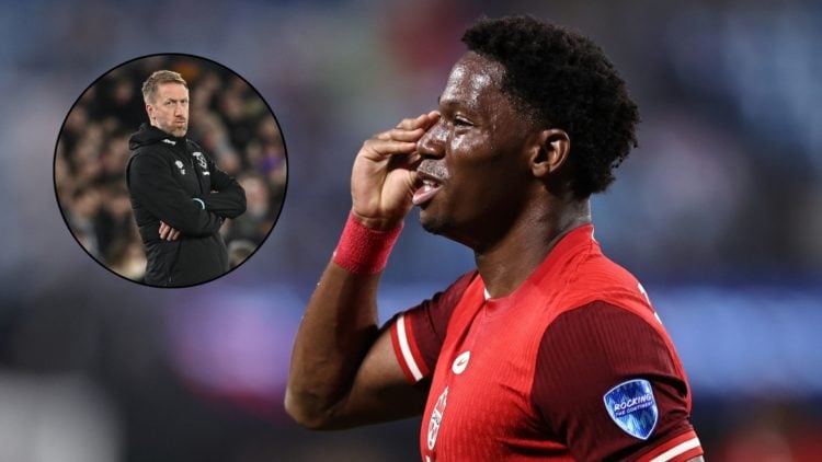 Lille and Canada striker Jonathan David celebrates after scoring, main image. West Ham United head coach Graham Potter, inset.