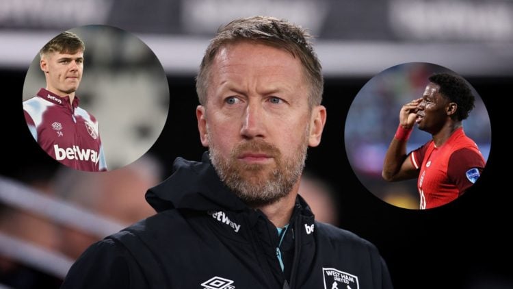 West Ham manager Graham Potter main image, with West Ham striker Evan Ferguson and Lille forward Jonathan David insets