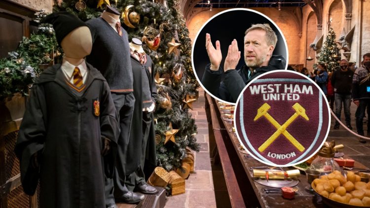 The Making Of Harry Potter Warner Bros Studios London. Inset, Graham Potter and a West Ham crest.