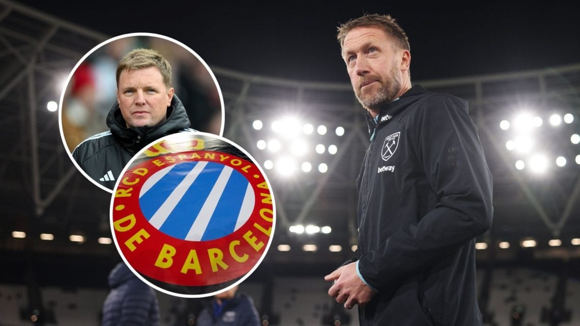West Ham manager Graham Potter. Inset, Newcastle boss Eddie Howe and the Espanyol club badge.