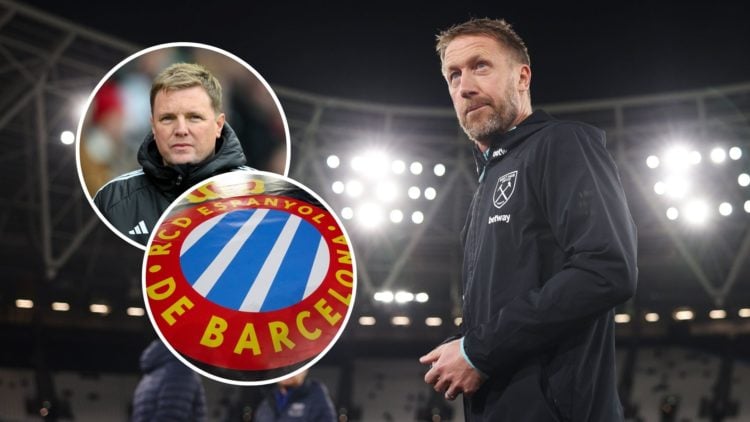 West Ham manager Graham Potter. Inset, Newcastle boss Eddie Howe and the Espanyol club badge.