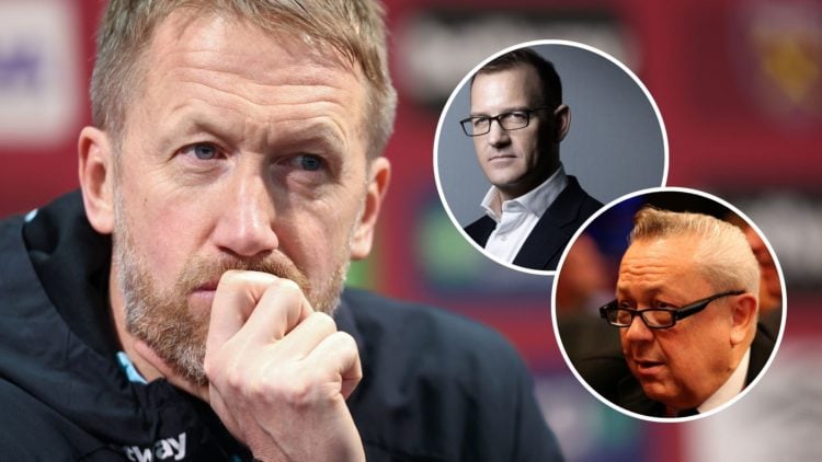 West Ham manager Graham Potter deep in thought. Inset, billionaire West Ham co-owners David Sullivan and Daniel Kretinsky.