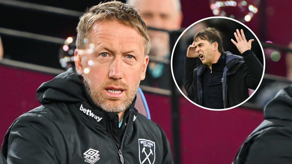 West Ham boss Graham Potter in the dugout. Inset, former Hammers manager Julen Lopetegui.