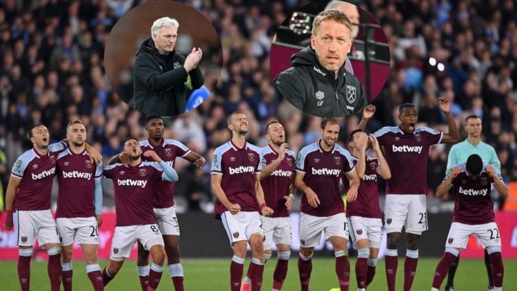 West Ham United head coach Graham Potter, inset right. Everton manager David Moyes, inset left. West Ham player Pablo Fornals celebrates with his t...