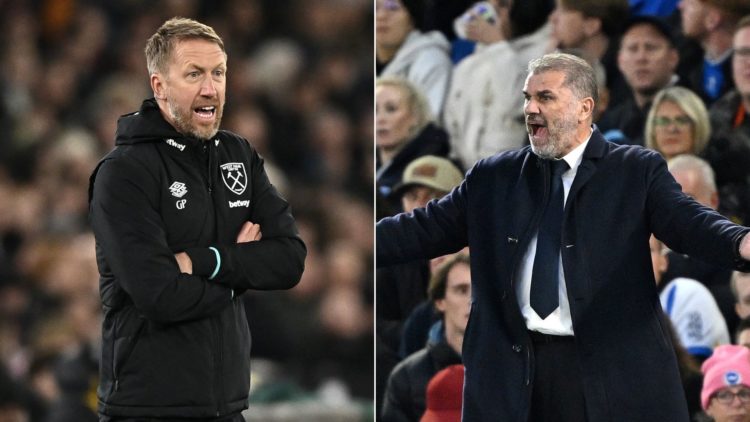 West Ham United head coach Graham Potter, left. Tottenham Hotspur manager Ange Postecoglou shouting, right.