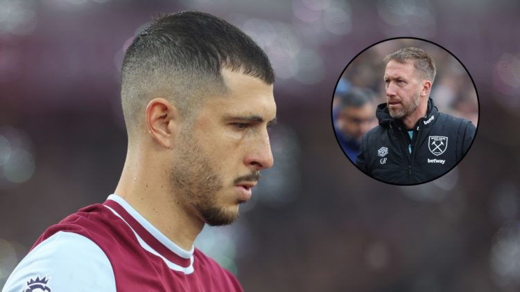 West Ham United midfielder Guido Rodriguez, main image. West Ham United head coach Graham Potter, inset.