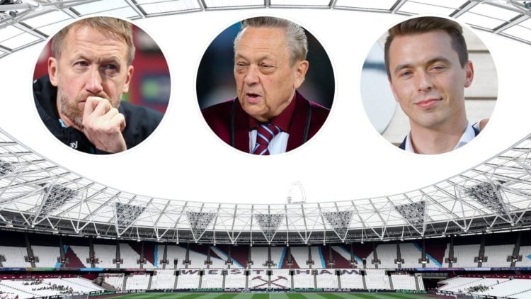 Inside West Ham's London Stadium. Inset, Hammers boss Graham Potter, majority owner David Sullivan and head of recruitment Kyle Macaulay.