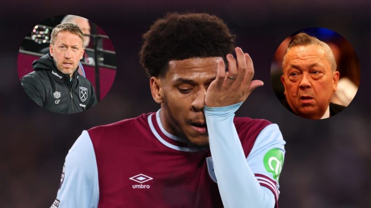 West Ham United centre-back Jean-Clair Todibo main image. Insets, West Ham head coach Graham Potter and West Ham co-owner David Sullivan